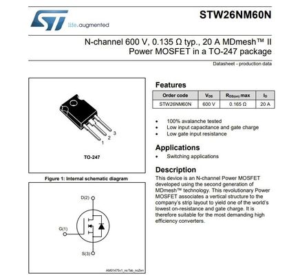 N-channel 600V, 0.065 Ω typ., 40A Power MOSFET ในแพคเกจ TO-247 STW48N60DM2 ทรานซิสเตอร์ผลสนาม